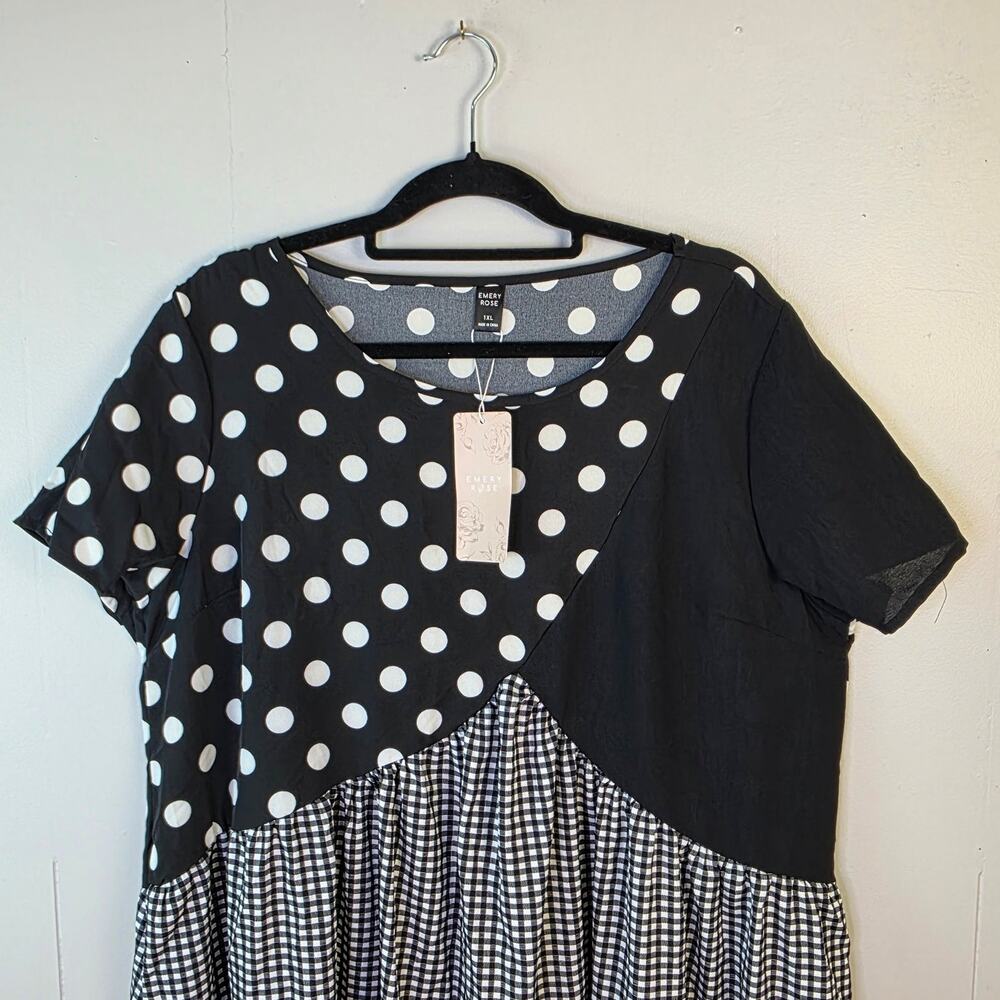 New Emery Rose Maxi Dress 1XL Plus Black White Polka Dot Gingham Patchwork Artsy - Picture 6 of 11